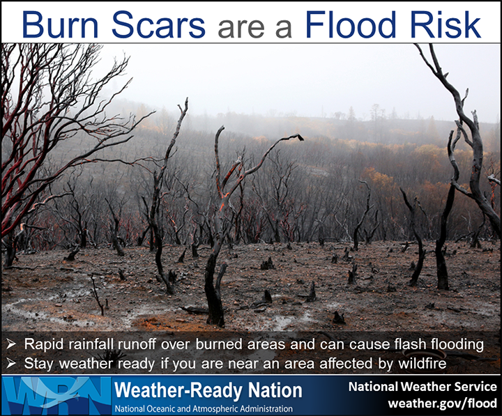 Weather-Ready Nation, NOAA infographic that says Burn Scars are a Flood Risk. Rapid rainfall runoff over burned areas and can cause flash flooding.  Stay weather ready if you are near an area affected by wildfire. 