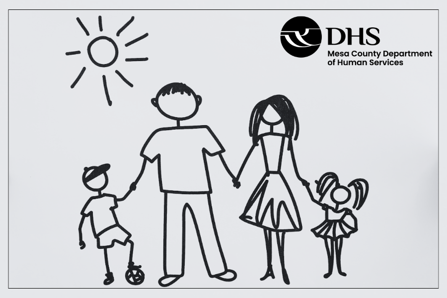 stick figure family holding hands. black and white with MCDHS logo