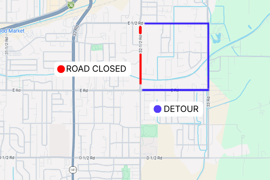 Screenshot of a map near 32 Road in Clifton, with red and blue highlights on certain roads that are labeled as “road closed,” and “detour.”